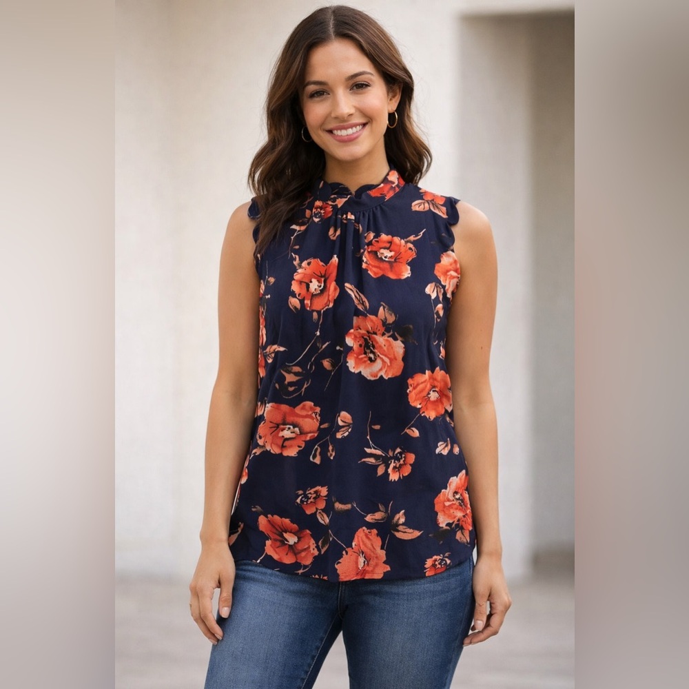 Faith and Joy Navy & Red Moody Floral Sleeveless Blouse Size Small Summer Chic